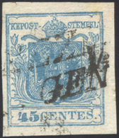 60 1851 - 45 Cent. Azzurro, Carta A Coste Verticali (17), Perfetto, Usato A Venezia.... - Lombardo-Veneto