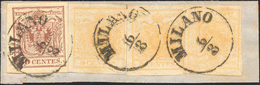 7 1850 - 5 Cent. Giallo Ocra, Tre Esemplari, E 30 Cent. Bruno Lillaceo, II Tipo, A Mano (1,9), Perfett... - Lombardo-Vénétie