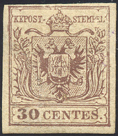 46 1854 - 30 Cent. Bruno Lillaceo, II Tipo, Carta A Mano (9), Gomma Originale, Lieve Piega. Cert. Ferra... - Lombardije-Venetië