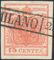 59 1851 - 15 Cent. Rosso Vermiglio, Carta A Coste Verticali, II Tipo (15), Perfetto, Usato A Milano. Sp... - Lombardo-Vénétie