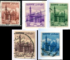 EGITTO, EGYPT, MONUMENTI, MOSCHEA, SULTANO HUSSEIN, 1953-1955, FRANCOBOLLI USATI Scott 331-333,335,336 - Oblitérés