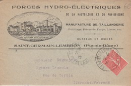 63 - SAINT GERMAIN LEMBRON - Forges Hydro - Elecriques  Manufacture De Taillanderie (enveloppe) - Saint Germain Lembron