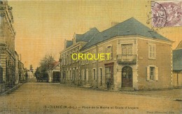 49 Tiercé, Place De La Mairie Et Route D'Angers, Carte Toilée Colorisée Affranchie 1906 - Tierce