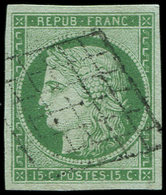 EMISSION DE 18492    15c. Vert, Grandes Marges, Obl. GRILLE, Superbe - 1849-1850 Cérès