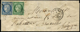 Let EMISSION DE 18492    15c. Vert + N°4 25c. Bleu (défx) Obl. GRILLE SANS FIN S. LAC, Càd PARIS 8/9/52, Pour La BELGIQU - 1849-1850 Ceres