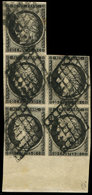 EMISSION DE 18493    20c. Noir Sur Jaune, BLOC De 5 Grand Bord De Feuille, Obl. GRILLE, Cote Du BLOC De 4, TTB. Br - 1849-1850 Cérès