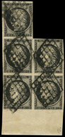 EMISSION DE 18493    20c. Noir Sur Jaune, BLOC De 5 Grand Bord De Feuille, Obl. GRILLE, Cote Du BLOC De 4, TTB. Br - 1849-1850 Ceres