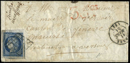 Let EMISSION DE 18494    25c. Bleu, Pli D'archive, Obl. GRILLE S. LAC, Càd T15 ROANNE 11/3/51, "timbre Insuffisant" Et T - 1849-1850 Cérès
