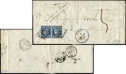 Let EMISSION DE 18494a   25c. Bleu Foncé, PAIRE Obl. GRILLE S. LAC, Càd T14 BLERE 9/8, Taxe 5 Et 15 1/2 à La Plume Avec  - 1849-1850 Cérès
