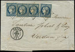 Let EMISSION DE 18494a   25c. Bleu Foncé, 4 Ex. Dt Un Filet Touché, Obl. PC 2855 Sur LAC, Càd SEDAN 28/2/52, TB - 1849-1850 Cérès