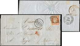 Let EMISSION DE 18495a   40c. Orange VIF, Petit BORD De FEUILLE, Obl. GRILLE S. LAC, Càd T15 LYON 18/4/51, Arr. LIEGE 21 - 1849-1850 Cérès