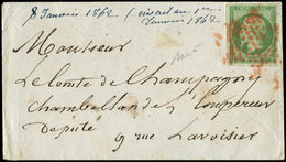 Let EMPIRE NON DENTELE12    5c. Vert, Obl. Etoile ROUGE S. Env. Locale 1/62, RR, Superbe - 1853-1860 Napoleon III
