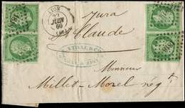 Let EMPIRE NON DENTELE12    5c. Vert, 2 PAIRES Obl. PC 1818 S. LAC, Càd T15 LYON 22/6/60, TTB - 1853-1860 Napoleon III