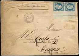 Let EMPIRE NON DENTELEL14Ai 20c. Bleu, T I, PAIRE Bdf, FILET D'ENCADREMENT, Obl. PC 3608 S. Env., Un Timbre Manque, PAIR - 1853-1860 Napoléon III