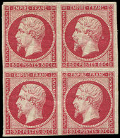 * EMPIRE NON DENTELE17Ba 80c. Rose Vif, BLOC De 4, 1 Ex. Effl. En Bas Et Petit Pli D'angle, Les 3 Autres Sont TTB - 1853-1860 Napoléon III