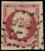 EMPIRE NON DENTELE18    1f. Carmin, Oblitéré GROS POINTS, Très Grandes Marges, TTB, Certif. Scheller, Signé Calves - 1853-1860 Napoléon III