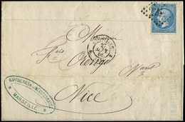 Let EMPIRE DENTELE22   20c. Bleu, Impression USEE, Filet Inférieur En Partie ABSENT, Obl. GC 2240 S. LAC, Càd Marseille  - 1862 Napoléon III