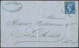 Let EMPIRE DENTELE22    20c. Bleu Obl. Taxe Double Trait 30 Sur LAC De PARIS Du 3/6/1865, Arr. LA ROCHELLE Le 4/6, TB - 1862 Napoléon III