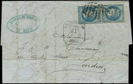 Let EMPIRE LAURE29B  20c. Bleu, PAIRE Obl. GC Anglais 723 S. LAC, Càd SOUTHAMPTON 2/10/69, Arr. LONDON 2/10, TB - 1863-1870 Napoléon III Lauré