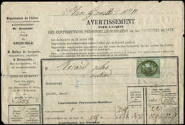 Let EMISSION DE BORDEAUX39B   1c. Olive, R II, Obl. Càd GRENOBLE Seul S. Avertissement, TB - 1870 Emission De Bordeaux