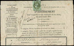 Let EMISSION DE BORDEAUX39C   1c. Olive, R III Obl. Càd (BORDEAUX) 11/8/72 Seul S. Avertissement, TB - 1870 Emission De Bordeaux