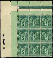 ** TYPE SAGE75    5c. Vert Sur Vert-jaune, BLOC De 9 Cdf, Bon Centrage, 1 Ex. *, TB - 1876-1878 Sage (Type I)