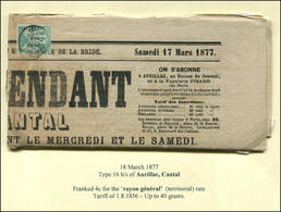 Let TYPE SAGE SUR LETTRESN°63 Obl. Càd T16 AURILLAC 17/3/77 Sur Journal "L'INDEPENDANT DU CANTAL" Du 17/3, R Et TB - 1877-1920: Période Semi Moderne