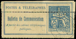 TELEPHONETéléphone 24 : 25c. Bleu, Variété De PIQUAGE, NON DENTELE Partiel, Obl., R Et TB - Télégraphes Et Téléphones