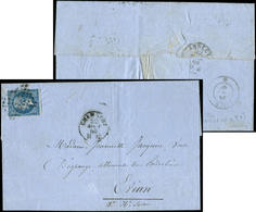 Let DUCHE DE SAVOIEOblitérations Sur Timbres Français N°14A Obl. GRILLE Sarde Sur LAC, Càd CHAMBERY 22/8/60, Arr. EVIAN, - 1849-1876: Période Classique