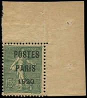 ** PREOBLITERES25  15c. Vert-olive, POSTES PARIS 1920, Cdf, TB. J - 1893-1947