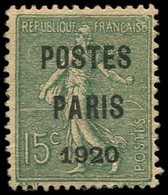 (*) PREOBLITERES25  15c. Vert Olive, POSTES PARIS 1920, TB. C - 1893-1947