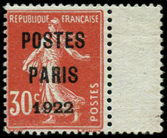 * PREOBLITERES32  30c. Rouge, POSTES PARIS 1922, Bdf, Interp., TB. Br - 1893-1947