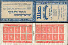 CARNETS (N°Cérès Jusqu'en1964)75   Semeuse Lignée, 50c. Rouge, N°199A, T I, S. 140-O-A, LILOR, Un Ex. Pli, Sinon TB, R - Autres & Non Classés