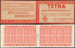 CARNETS (N°Cérès Jusqu'en1964)75   Semeuse Lignée, 50c. Rouge, N°199A, T I, S. 138 RP-A, TETRA, Haut De Feuille, TTB - Autres & Non Classés