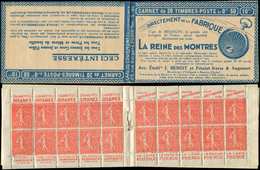 CARNETS (N°Cérès Jusqu'en1964)100  Semeuse Lignée, 50c. Rouge, N°199B, T IIB, S. 183-B, REINE Des MONTRES, Agrafe Non D' - Autres & Non Classés