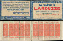 CARNETS (N°Cérès Jusqu'en1964)100  Semeuse Lignée, 50c. Rouge, N°199B, T IIB, S. 186, LAROUSSE, TB - Autres & Non Classés