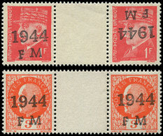 ** TIMBRES DE LIBERATIONCHERBOURG DEFENSE PASSIVE 1/2 : 1f. Rouge Et 3f. Orange, En Paires Interp., N°1 Un Ex. Surch. RE - Libération