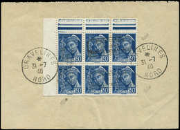 Spécialités DiversesGUERRE DUNKERQUE 4 : 50c. Bleu, Mercure, BLOC De 6 (3 Surcharges) Obl. GRAVELINES 31/7/40 Sur Fragme - Guerre (timbres De)