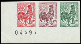 ** ESSAIS DE COULEURS NON DENTELES1331   Coq De Decaris, 0,30, ESSAIS De COULEUR, BANDE De 3 Cdf Numéroté, TB - Autres & Non Classés