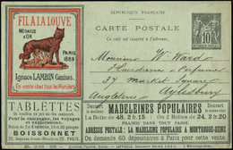 Let ENTIERS POSTAUXSage, 10c. Noir, CP Annonces N°G35p2, Laffaille S. 35, FIL A LA LOUVE Pour L'Angleterre, Non Obl., R  - Autres & Non Classés