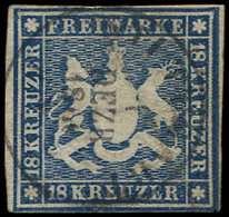 ALLEMAGNE (ANCIENS ETATS) WURTEMBERG 15 : 18k. Bleu, Léger Pelurage, Obl. Càd, Aspect TB - Andere & Zonder Classificatie