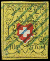 SUISSE 15 : 10Rp. Jaune Clair, Rayon II, Oblitéré GRILLE Bleue, TB - 1843-1852 Timbres Cantonaux Et  Fédéraux