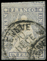 SUISSE 31a : 1f. Gris-lilas, Papier Moyen, Fil Jaune, Obl. GENEVE 20/12/61, TB - 1843-1852 Timbres Cantonaux Et  Fédéraux