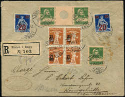 Let SUISSE 146 BLOC De 4 + N°151 (2) + 153 + 522 (10c. Paire Avec Pont Troué), Obl. Zurich 5/7/22 Sur Env., TB, Certif.  - 1843-1852 Timbres Cantonaux Et  Fédéraux