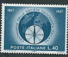 Italia, Italy 1967; 100° Società Geografica Italiana, + Profilo Della Terra, Earth + Bussola, Compass. Nuovo - Aardrijkskunde