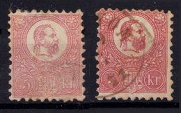 HUNGARY / HONGRIE - 1871 : 5 Kr (Mi. 3) - 2 TIMBRES LITHOGRAPHIÉS / 2 LITHOGRAPHED STAMPS / STEINDRUCK  (ab049i) - Gebraucht