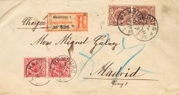 2131 Germany. 1896. COVER. Yv. 47(2), 50(2). 10 P Red, Pair And 50 P Red Chestnut, Pair. Registered From HAMBURGO To MAD - Vorphilatelie