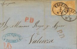 2163 Austria. 1869. COVER. Yv. 26(2). 15 K Bistre, Two Stamps. TRIESTE To VALENCIA (SPAIN). Oval Datestamp TRIEST / 7/6  - Andere & Zonder Classificatie