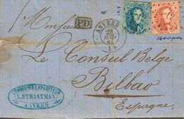 2178 Belgium. 1864. COVER. Yv. 15A, 16A. 20 Cts Blue And 40 Cts Red. ANTWERP To BILBAO (SPAIN). Postmark Diamond Of Dots - Otros & Sin Clasificación