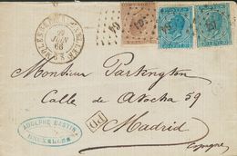 2180 Belgium. 1866. COVER. Yv. 18, 18a, 19. 20 Cts Blue, Two Stamps With Different Shades And 30 Cts Chestnut. BRUSSELS  - Sonstige & Ohne Zuordnung